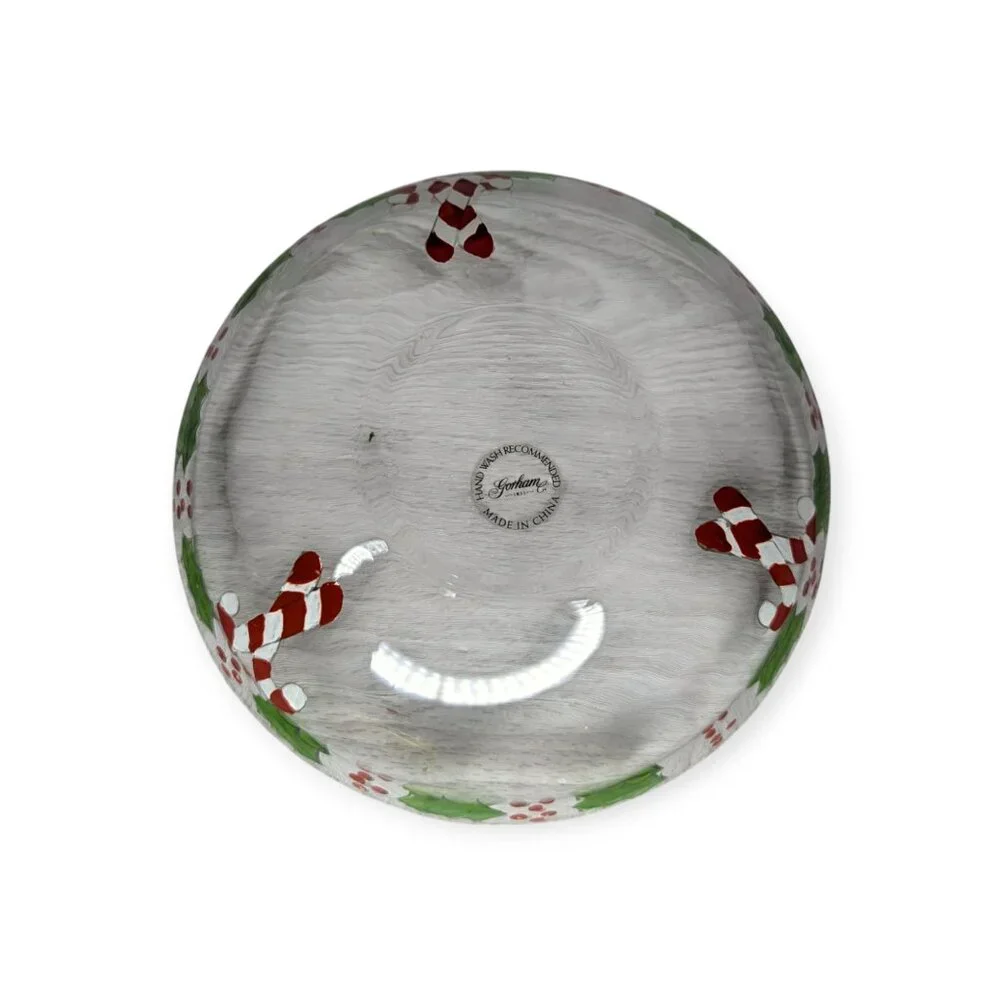 Gorham Glass Christmas Holly with Berries & Candy Cane Painted Bowl 7